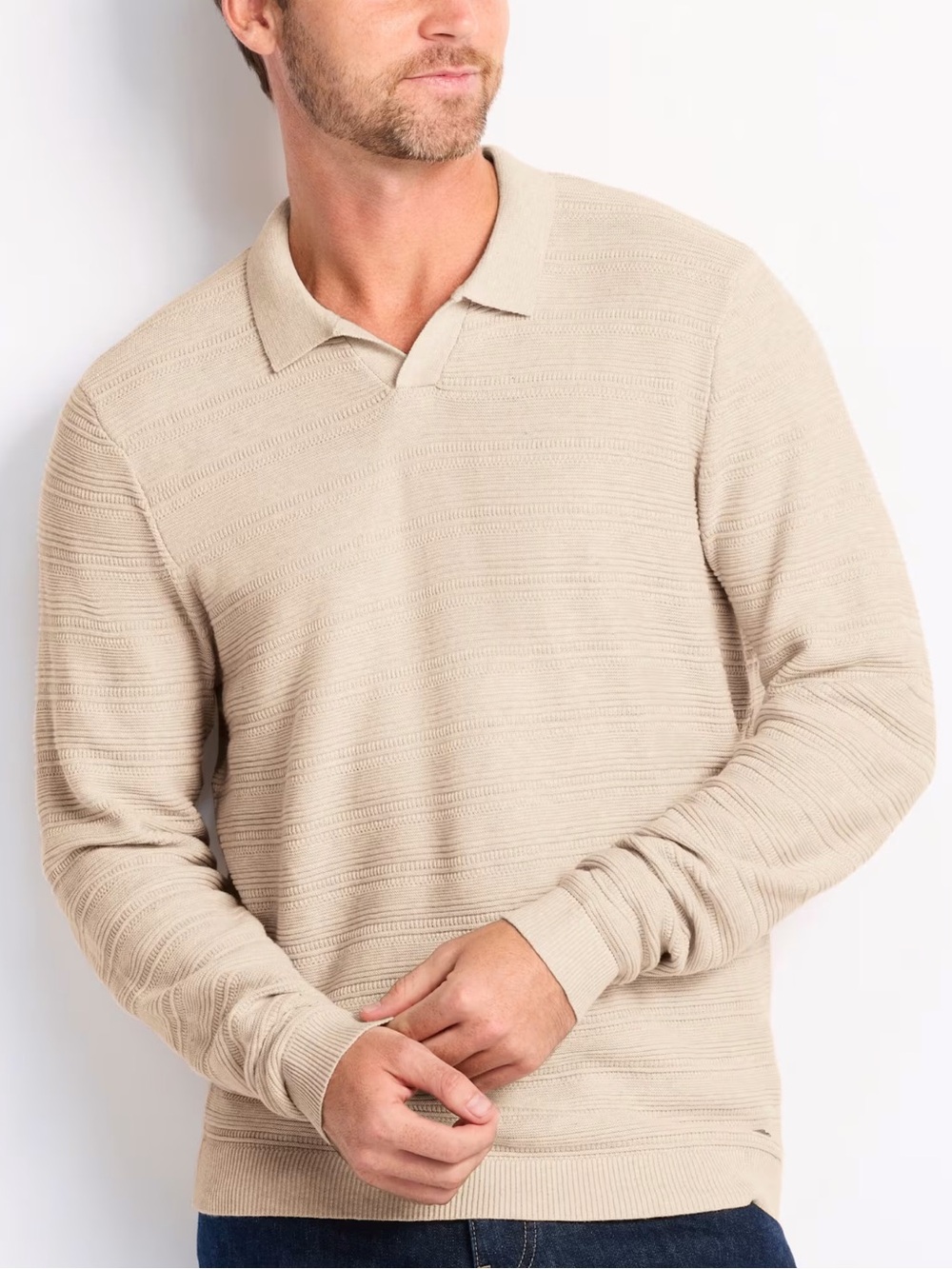 NWT Flag & Anthem Men's Light Beige Johnny Collar Ribbed Polo Sweater